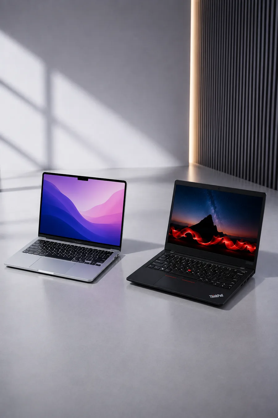 A MacBook and a ThinkPad set up side by side, configured and ready for a new hire